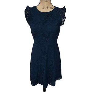 Ann Taylor LOFT Navy Blue Floral Lace Flutter Sleeve Fit and Flare Dress 2 New